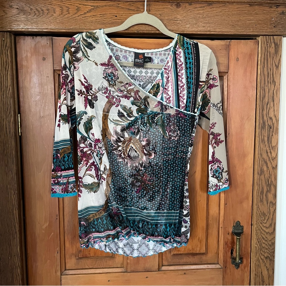 Anac Green and White Asymmetrical Blouse